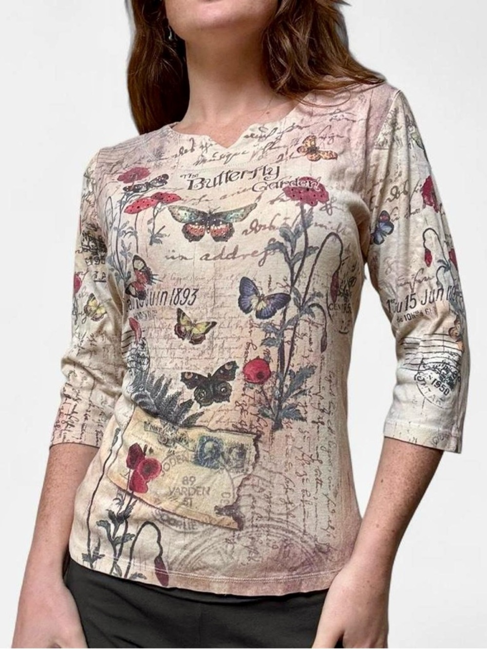 Y2K bedazzled butterfly botanical quarter sleeve top